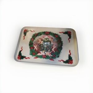 vtg Christmas Tree Plastic serving Hostess tray Italy Angels Putti 11 x 17 art